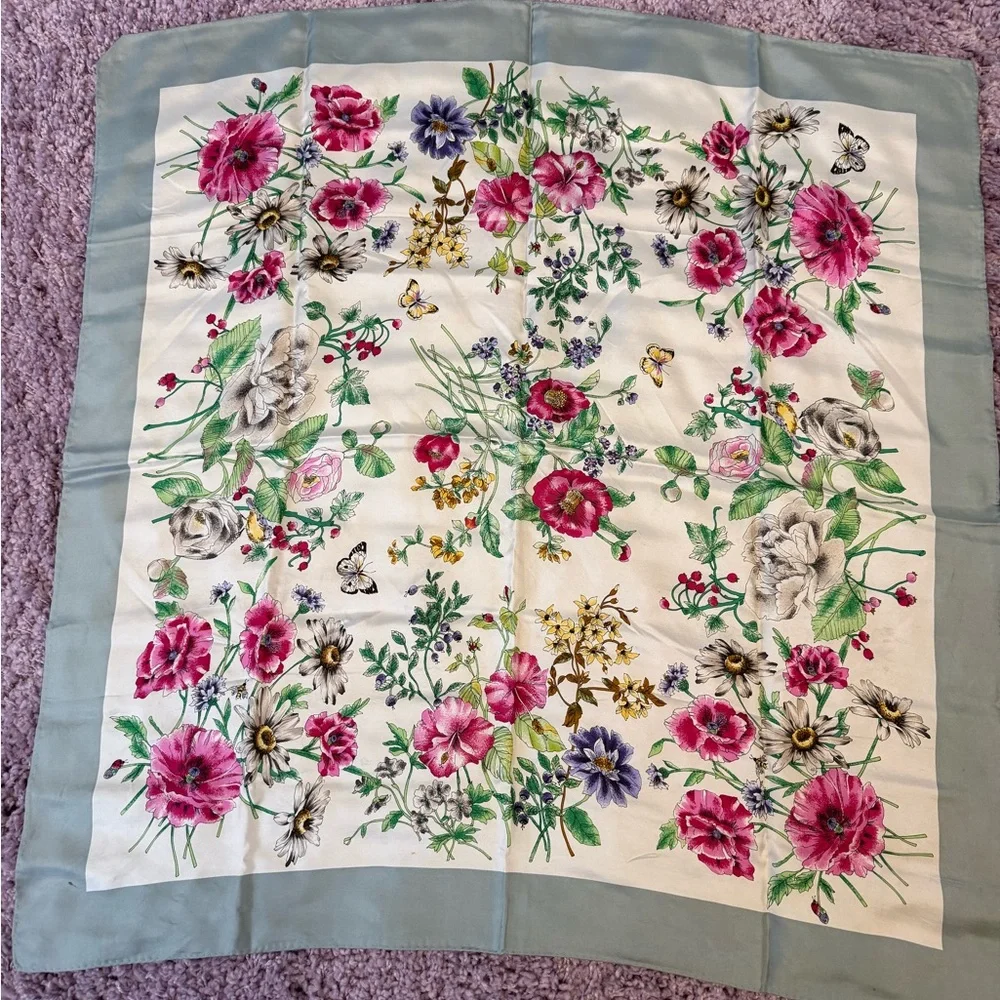 Floral Silk Scarf with Green Border